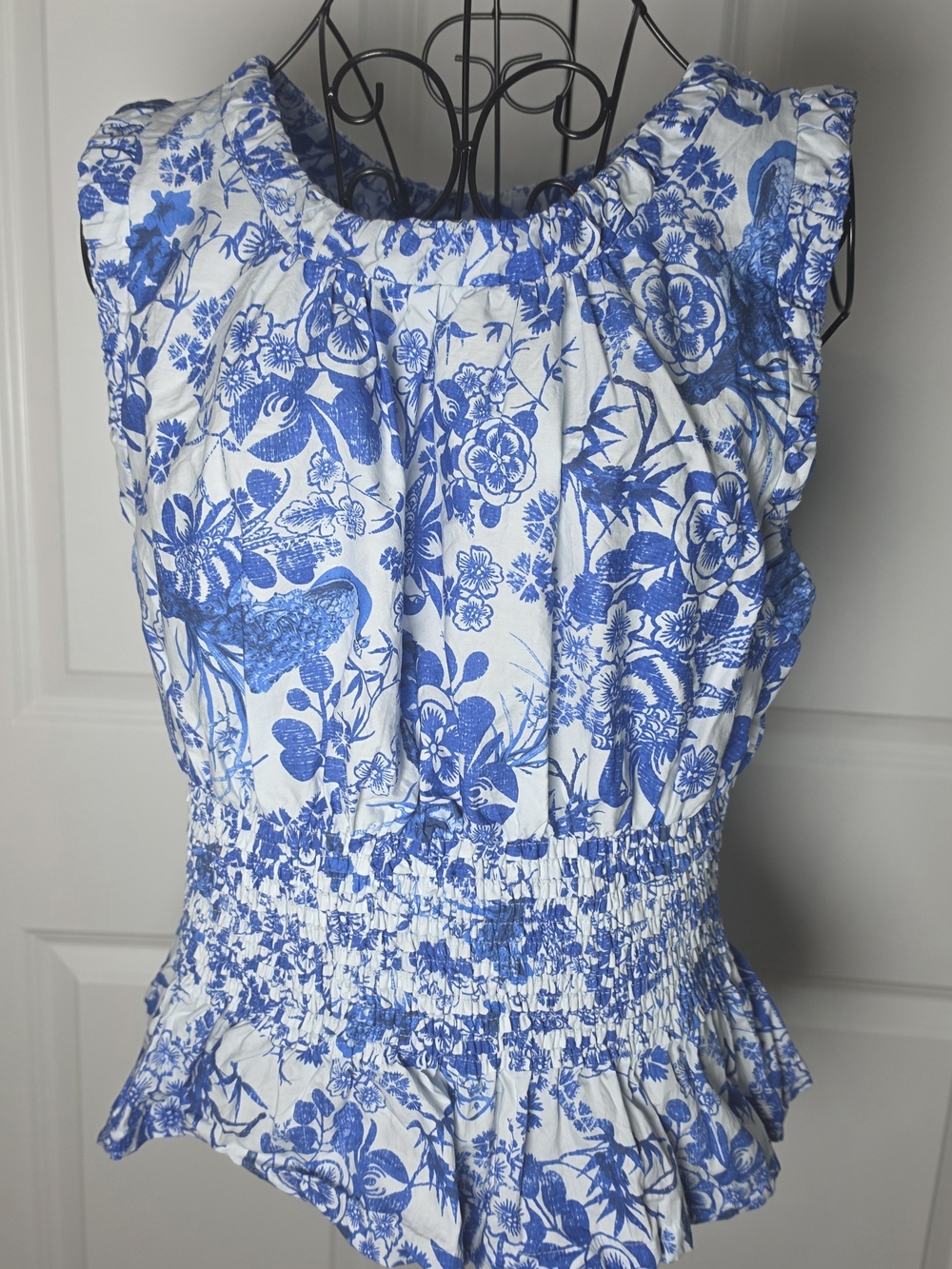 Anthropologie Blue Toile Smocked Peplum Top Cottagecore Large
